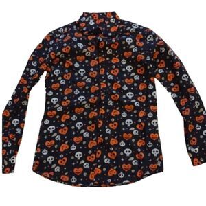 NWOT Simon Banks Halloween buttondown longsleeve shirt heart pumpkins skulls S